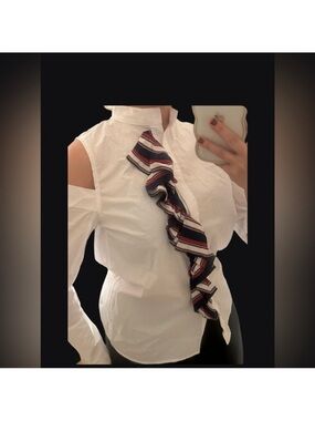 Walter Baker White Cold-Shoulder Ruffle Tie Top with Navy and Red Stripe NWOT